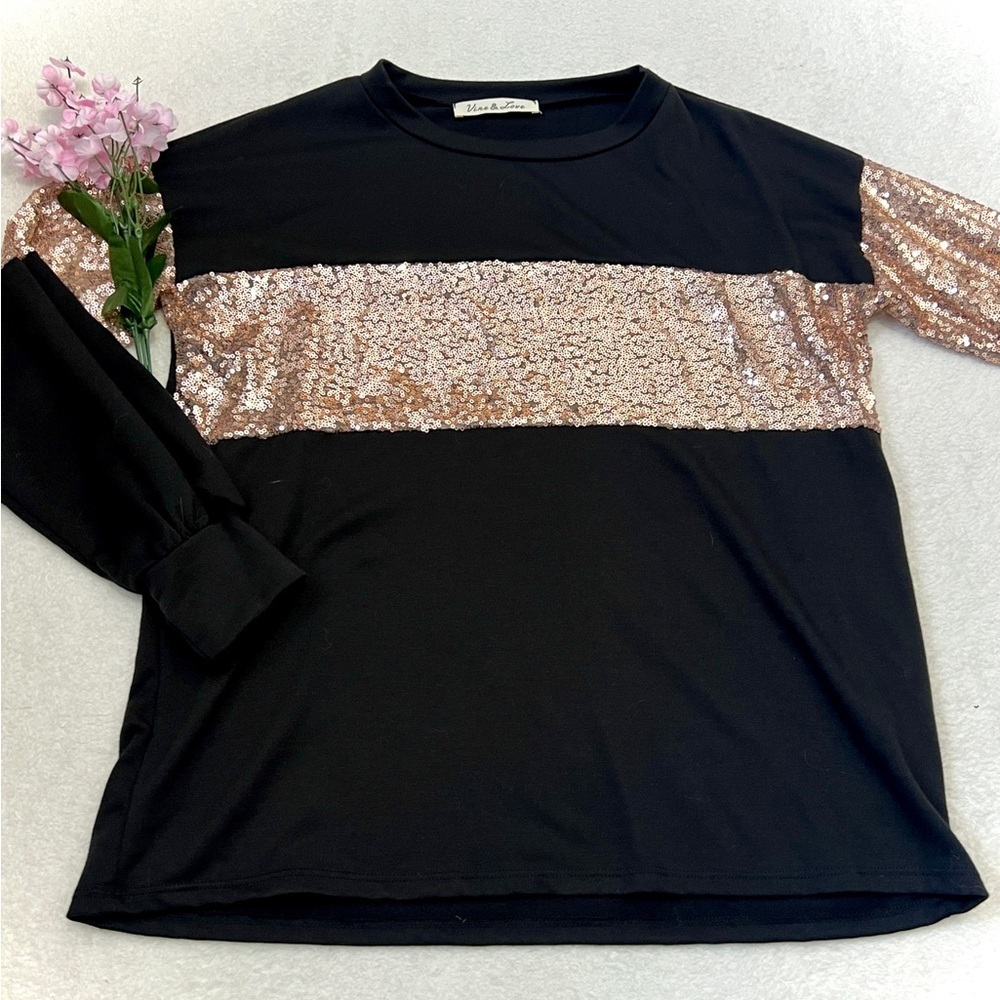 Vine & Love Black/Rose Gold Sequin Crewneck - Small